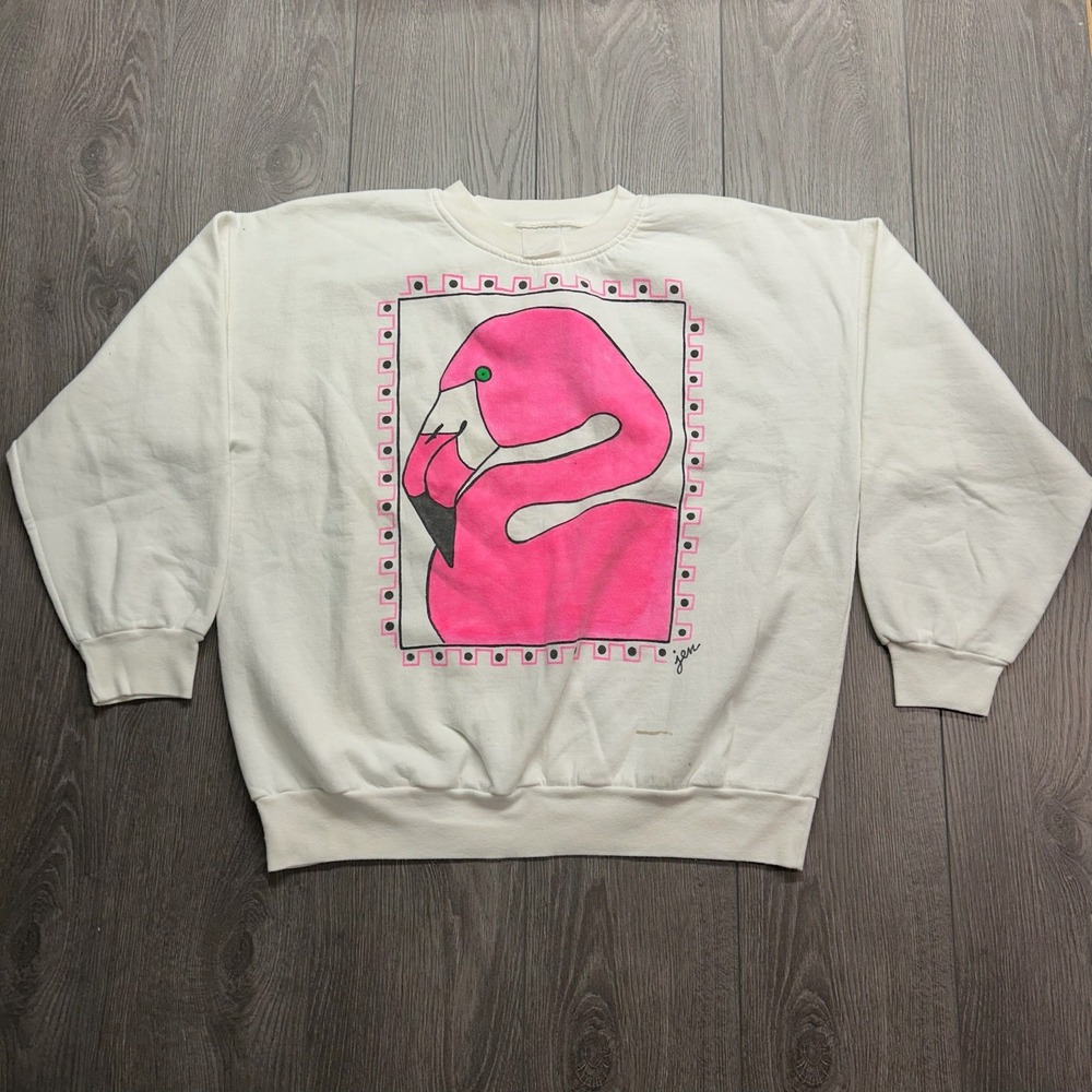 Vintage Flamingo Graphic Sweatshirt White Pink Mens Large Hand Painted Art Jen